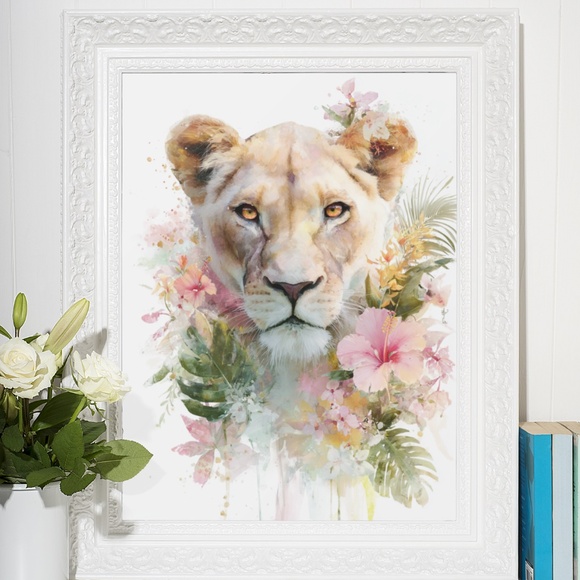 Watercolor Lioness With Flowers Portrait Wall Art Illustration Print Unframed - Picture 6 of 7